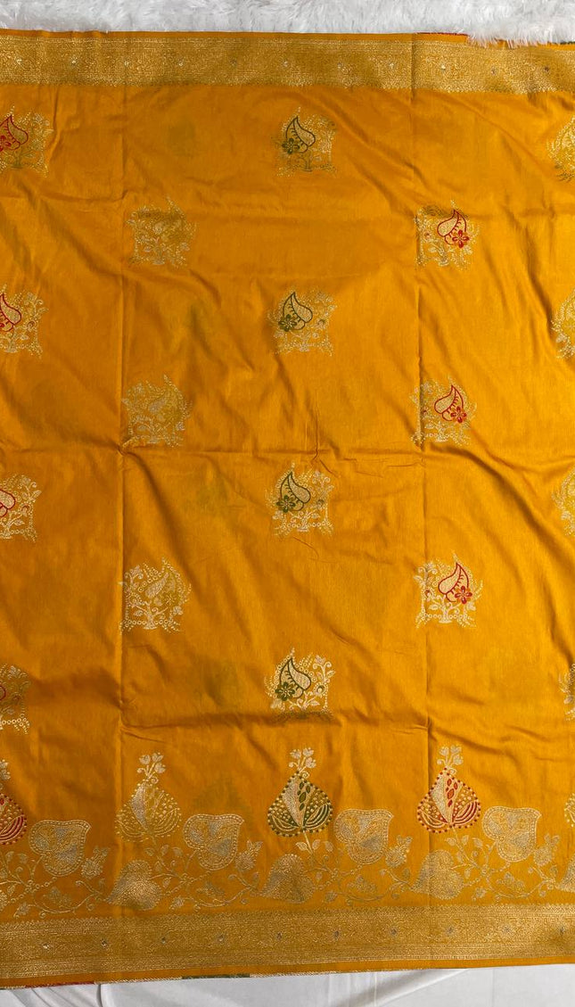 Mustard Yellow Banarasi Crepe Silk Saree with Gold Weaving|DS21