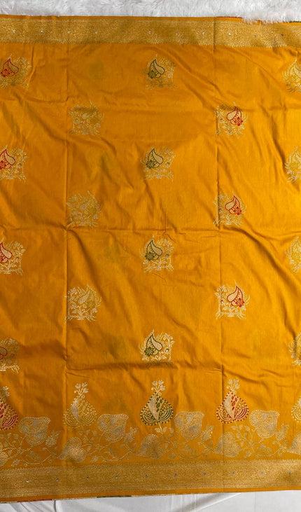 Mustard Yellow Banarasi Crepe Silk Saree with Gold Weaving|DS21