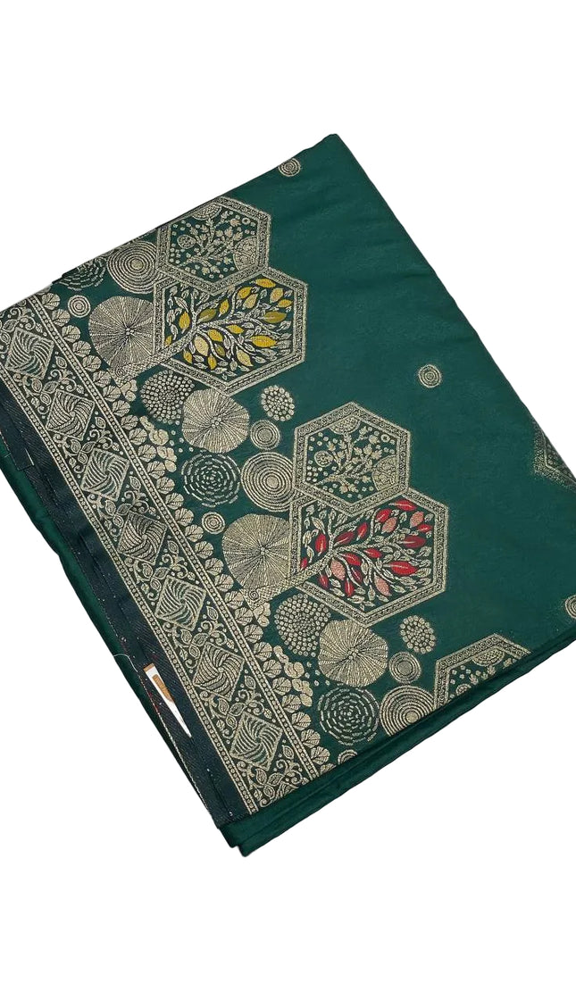 Bottle Green Banarasi Crepe Silk Saree with Floral Zari Hexagon Design |DS21|