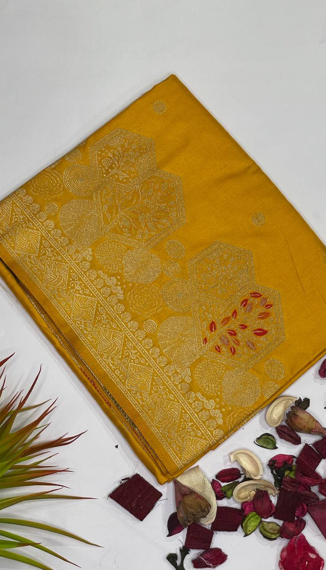 Mustard Yellow Banarasi Crepe Silk Saree with Gold Weaving|DS21