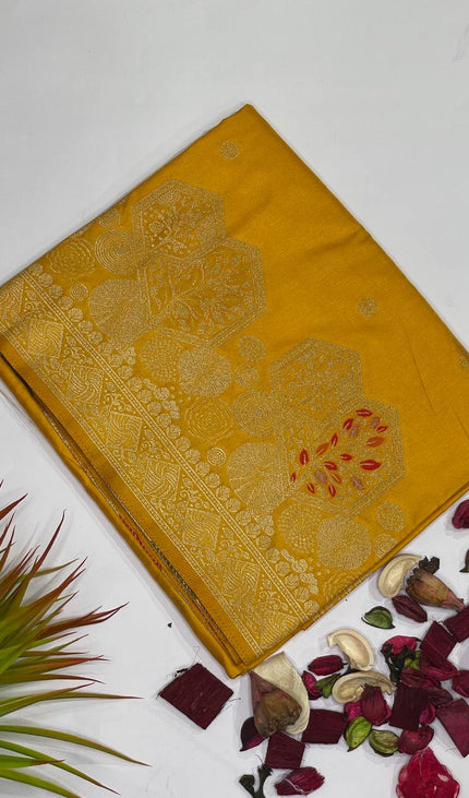 Mustard Yellow Banarasi Crepe Silk Saree with Gold Weaving|DS21