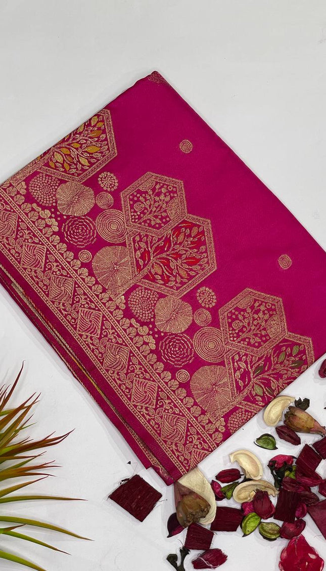 Rani Pink Banarasi Crepe Silk Saree with Zari Motifs|DS21