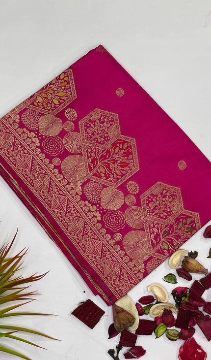 Rani Pink Banarasi Crepe Silk Saree with Zari Motifs|DS21