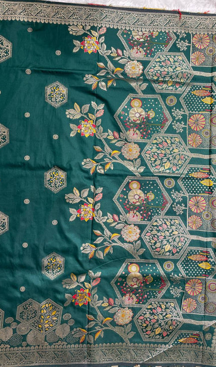 Bottle Green Banarasi Crepe Silk Saree with Floral Zari Hexagon Design |DS21|