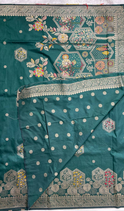 Bottle Green Banarasi Crepe Silk Saree with Floral Zari Hexagon Design |DS21|