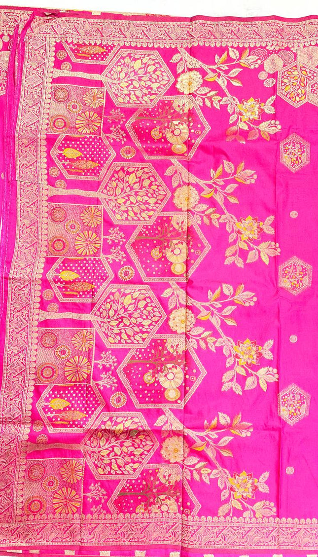 Rani Pink Banarasi Crepe Silk Saree with Zari Motifs|DS21