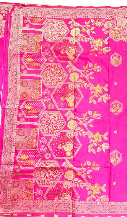 Rani Pink Banarasi Crepe Silk Saree with Zari Motifs|DS21