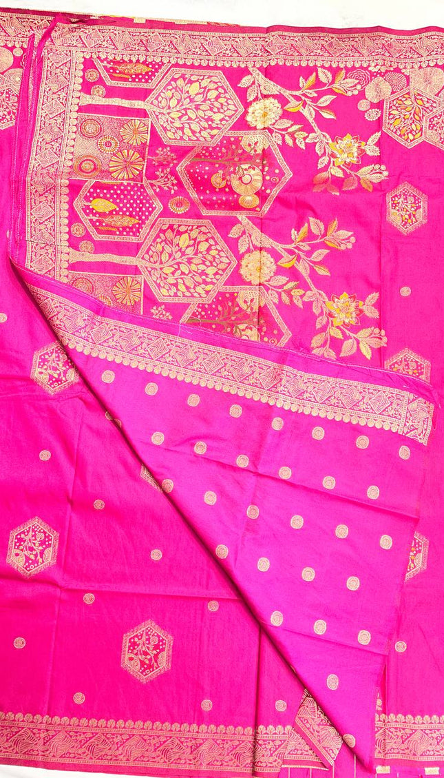 Rani Pink Banarasi Crepe Silk Saree with Zari Motifs|DS21