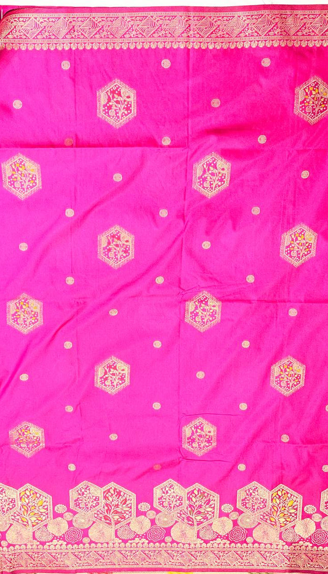 Rani Pink Banarasi Crepe Silk Saree with Zari Motifs|DS21
