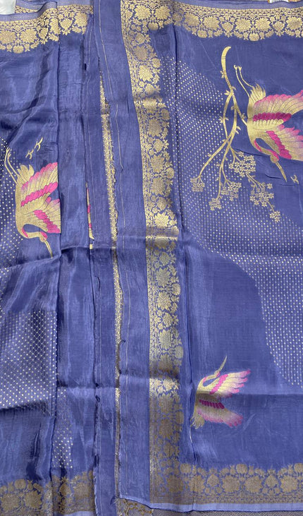 Steel Blue Crepe Silk Saree with Traditional Zari Work |DS24