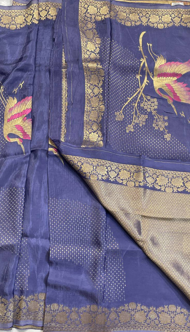 Steel Blue Crepe Silk Saree with Traditional Zari Work |DS24