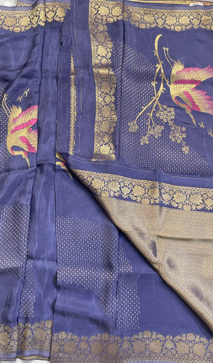 Steel Blue Crepe Silk Saree with Traditional Zari Work |DS24
