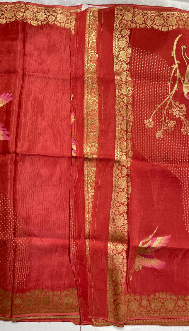 Red Crepe Silk Saree with Floral Gold Zari Border |DS24