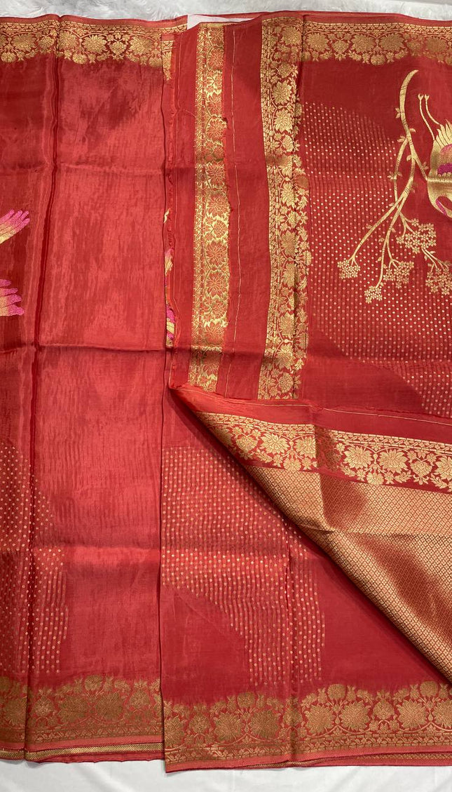 Red Crepe Silk Saree with Floral Gold Zari Border |DS24