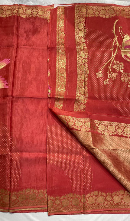 Red Crepe Silk Saree with Floral Gold Zari Border |DS24
