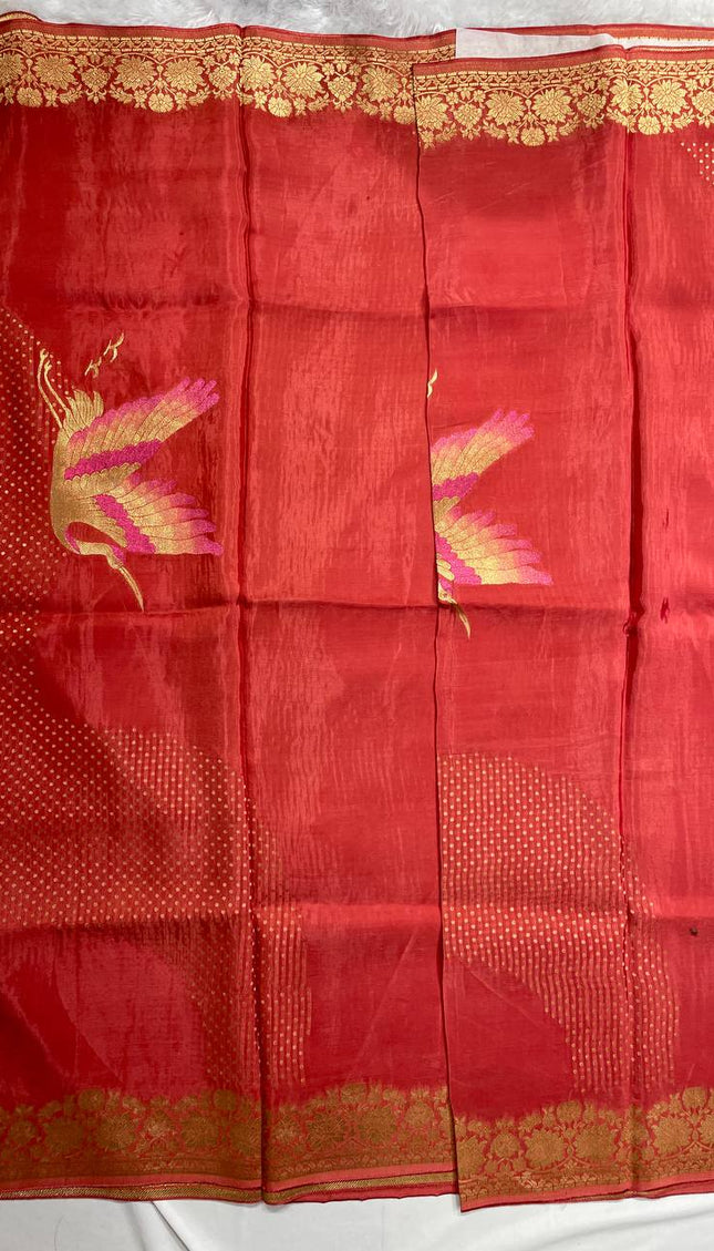 Red Crepe Silk Saree with Floral Gold Zari Border |DS24