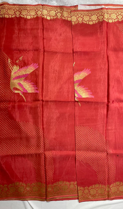Red Crepe Silk Saree with Floral Gold Zari Border |DS24