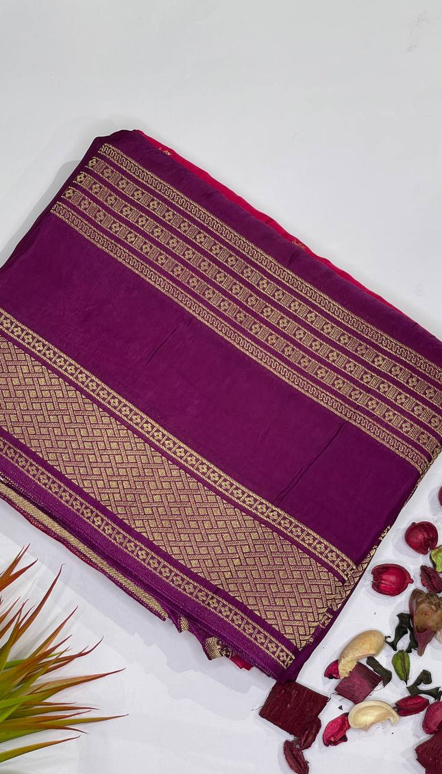 Magenta Crepe Silk Saree with Classic Gold Zari Border |DS23