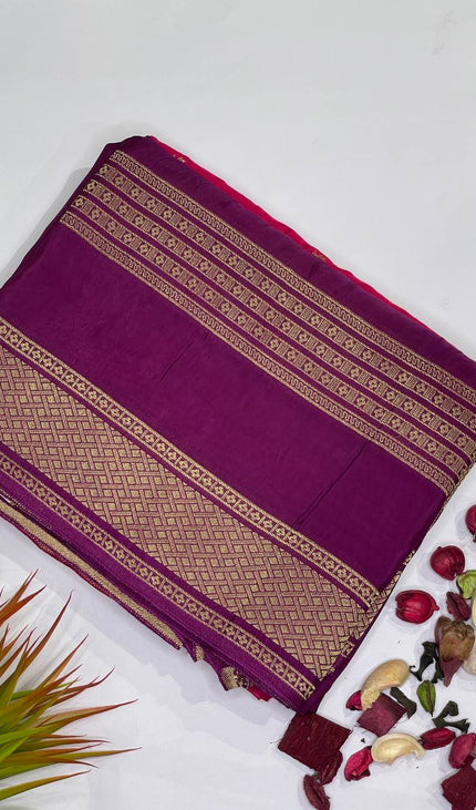 Magenta Crepe Silk Saree with Classic Gold Zari Border |DS23