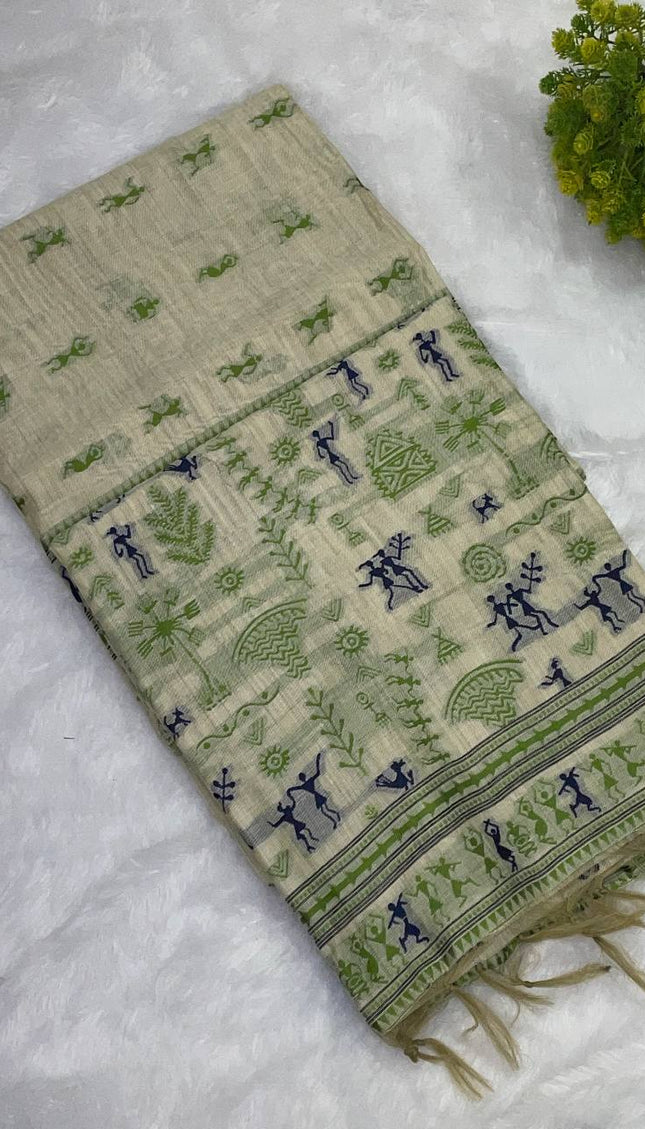 Cream Cotton Silk Saree with Green Tribal Warli Print for Daily & Office Wear |CS1|