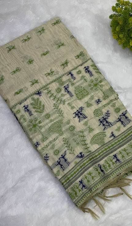 Cream Cotton Silk Saree with Green Tribal Warli Print for Daily & Office Wear |CS1|
