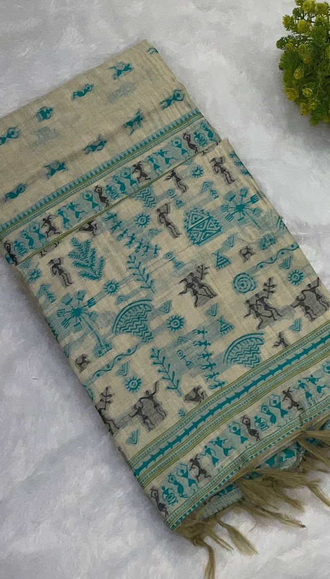 Cream Cotton Silk Saree with Teal Tribal Print for Office & Daily Wear |CS1|