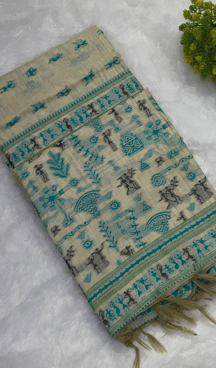 Cream Cotton Silk Saree with Teal Tribal Print for Office & Daily Wear |CS1|