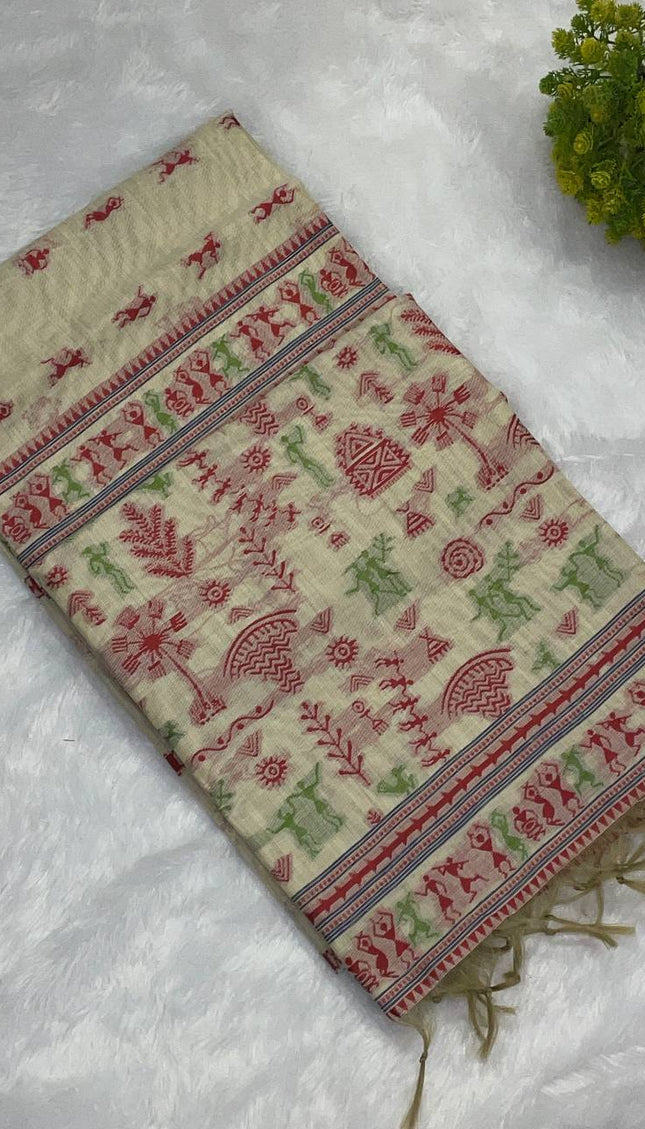 Cream Cotton Silk Saree with Red Tribal Print Daily Wear Saree |CS1|