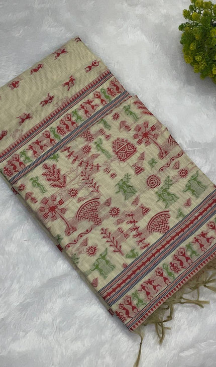 Cream Cotton Silk Saree with Red Tribal Print Daily Wear Saree |CS1|