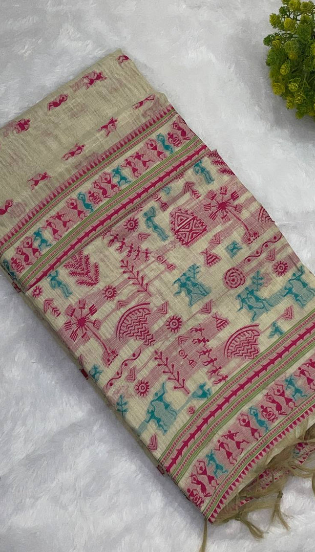 Cream Cotton Silk Saree with Pink Tribal Print Casual Office Wear Saree |CS1|