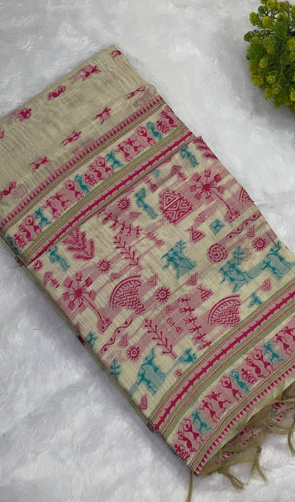 Cream Cotton Silk Saree with Pink Tribal Print Casual Office Wear Saree |CS1|
