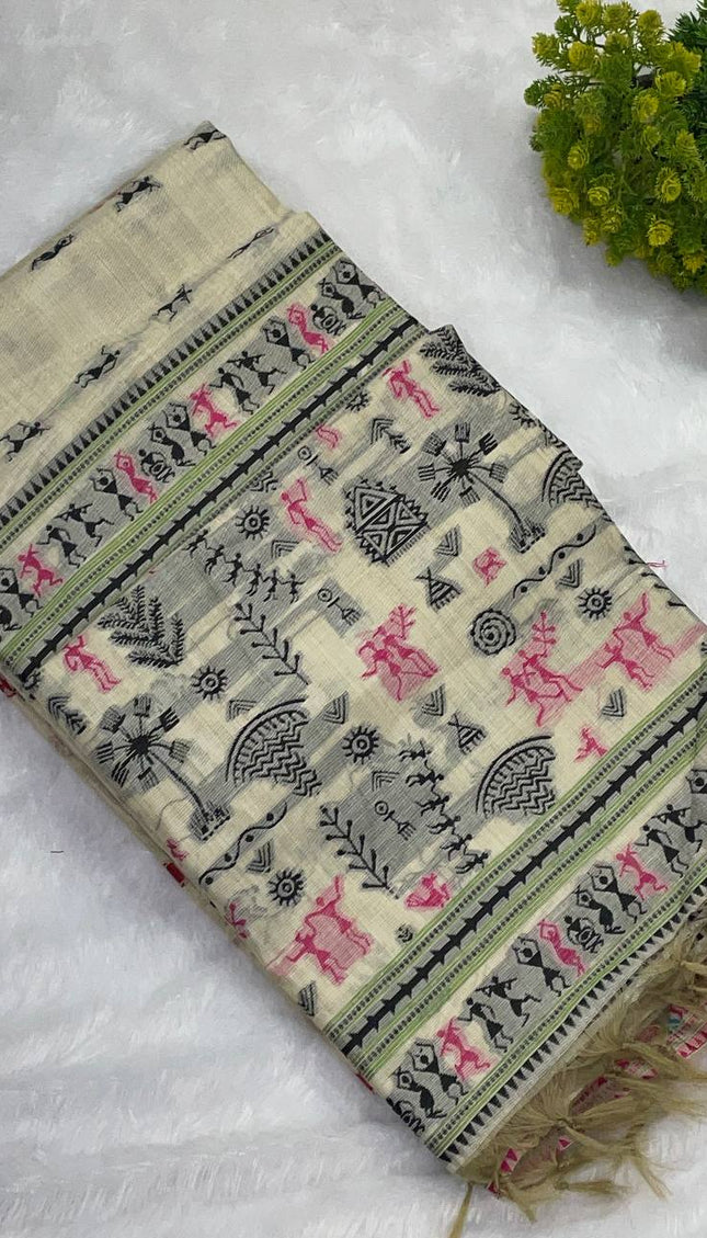 Cream Cotton Silk Saree with Black Tribal Print Designer Office Wear Saree |CS1|