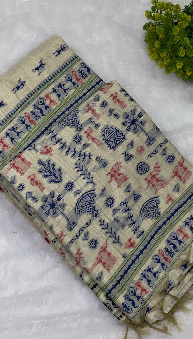 Cream Cotton Silk Saree with Blue Tribal Print Daily Wear Office Saree |CS1|