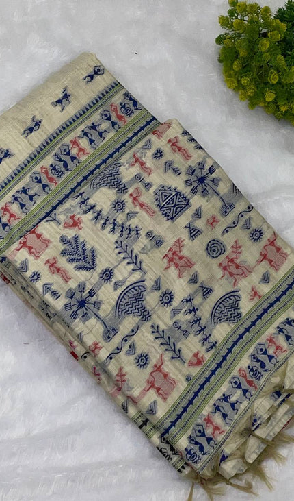 Cream Cotton Silk Saree with Blue Tribal Print Daily Wear Office Saree |CS1|
