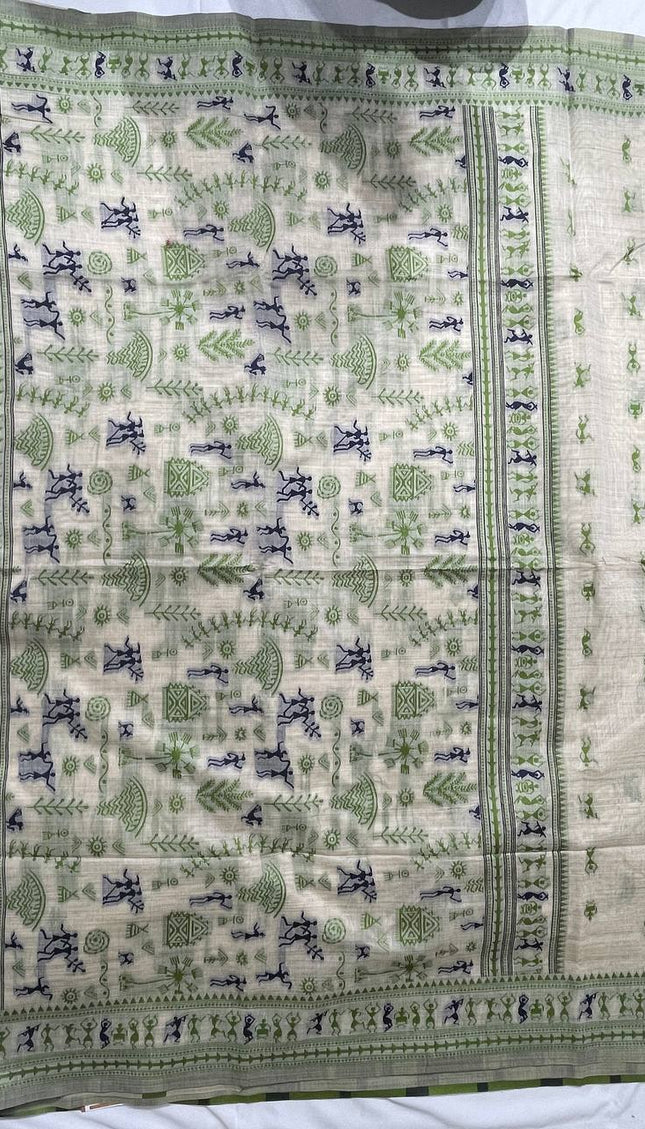 Cream Cotton Silk Saree with Green Tribal Warli Print for Daily & Office Wear |CS1|