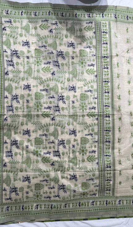Cream Cotton Silk Saree with Green Tribal Warli Print for Daily & Office Wear |CS1|