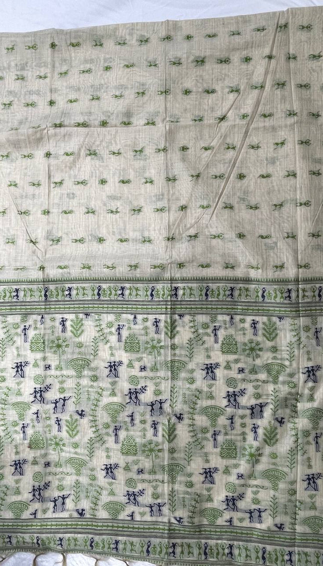 Cream Cotton Silk Saree with Green Tribal Warli Print for Daily & Office Wear |CS1|