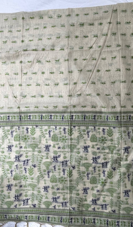 Cream Cotton Silk Saree with Green Tribal Warli Print for Daily & Office Wear |CS1|