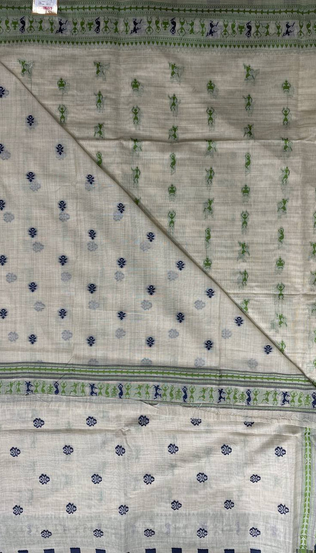 Cream Cotton Silk Saree with Green Tribal Warli Print for Daily & Office Wear |CS1|