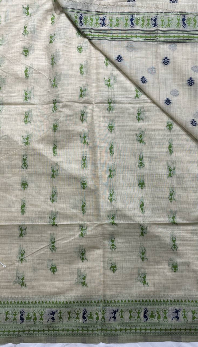 Cream Cotton Silk Saree with Green Tribal Warli Print for Daily & Office Wear |CS1|