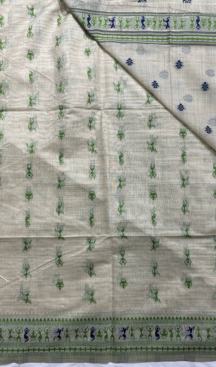 Cream Cotton Silk Saree with Green Tribal Warli Print for Daily & Office Wear |CS1|