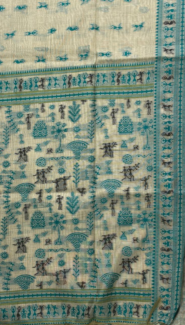Cream Cotton Silk Saree with Teal Tribal Print for Office & Daily Wear |CS1|