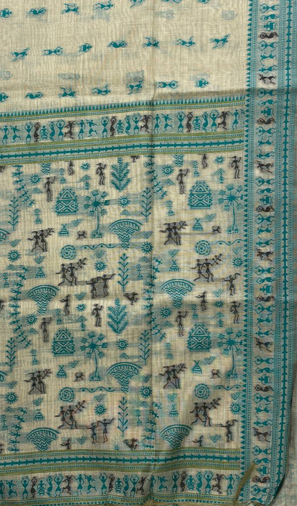 Cream Cotton Silk Saree with Teal Tribal Print for Office & Daily Wear |CS1|