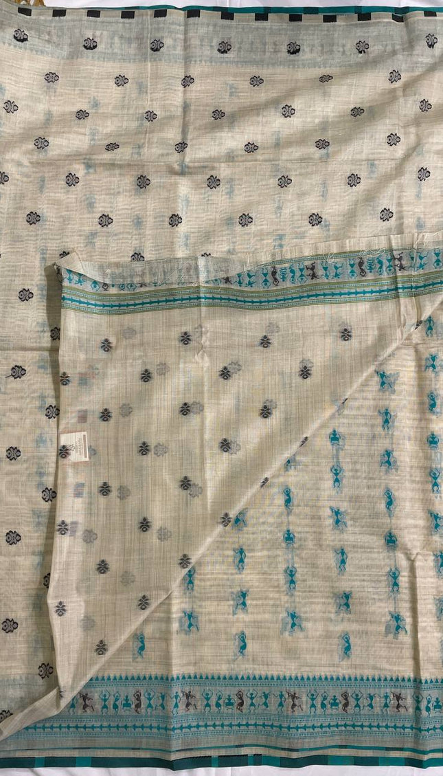 Cream Cotton Silk Saree with Teal Tribal Print for Office & Daily Wear |CS1|