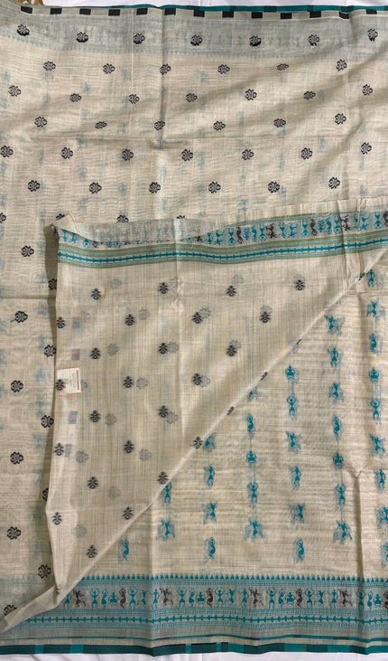 Cream Cotton Silk Saree with Teal Tribal Print for Office & Daily Wear |CS1|