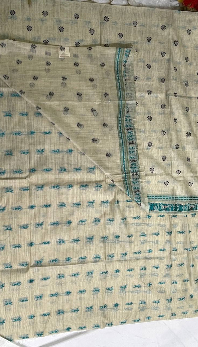 Cream Cotton Silk Saree with Teal Tribal Print for Office & Daily Wear |CS1|