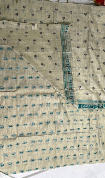 Cream Cotton Silk Saree with Teal Tribal Print for Office & Daily Wear |CS1|