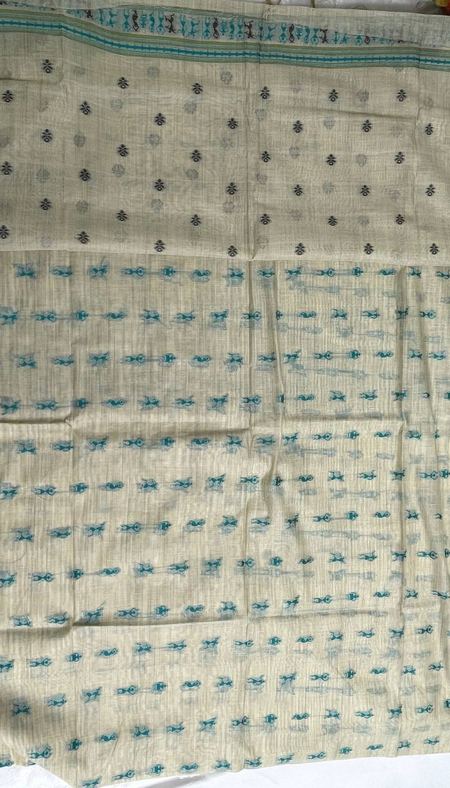 Cream Cotton Silk Saree with Teal Tribal Print for Office & Daily Wear |CS1|