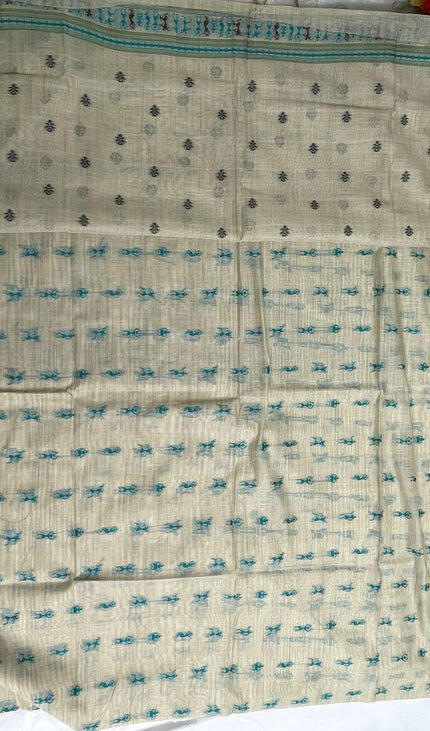 Cream Cotton Silk Saree with Teal Tribal Print for Office & Daily Wear |CS1|