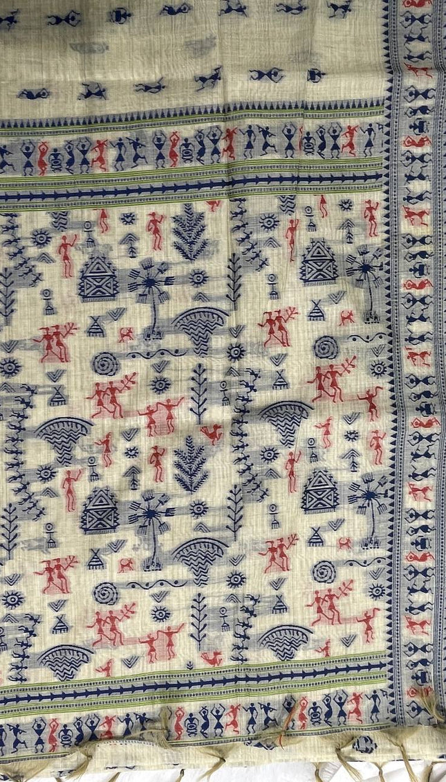Cream Cotton Silk Saree with Blue Tribal Print Daily Wear Office Saree |CS1|